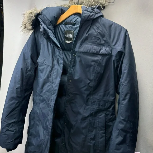 North Face Down Parka Fur Hood Navy Blue Women’s Large Long Coat Goosedown - Picture 7 of 10
